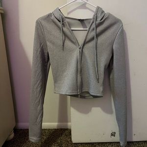 SHEIN Solid Zip Up Drawstring Hoodie Cropped